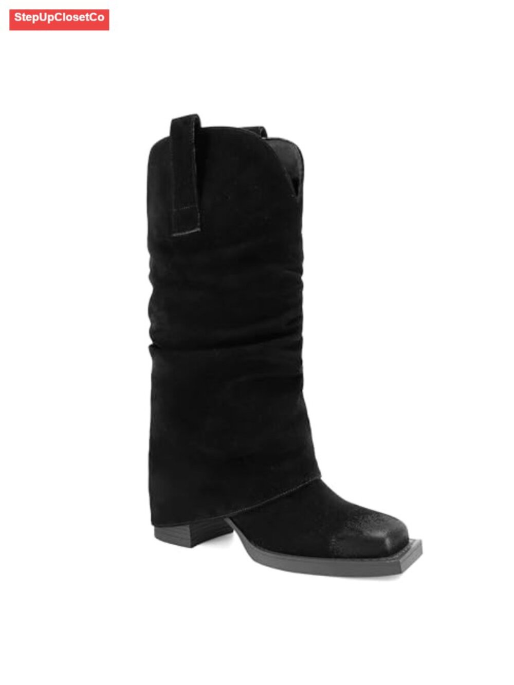Faux Suede Fold Over Mid Calf Boots Square Toe Chunky Block Heel Pull On